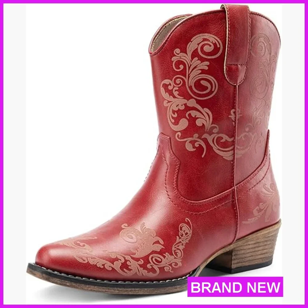 Women's Western Ankle Boots Chunky Heel Square Toe Retro Cowgirl Booties - Picture 1 of 7